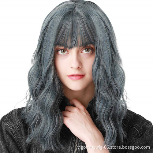 Vigorous Natural Wave Wig with Bangs Blue or Black Long Wavy Synthetic Wigs for Women Heat Resistant Fiber Hair
